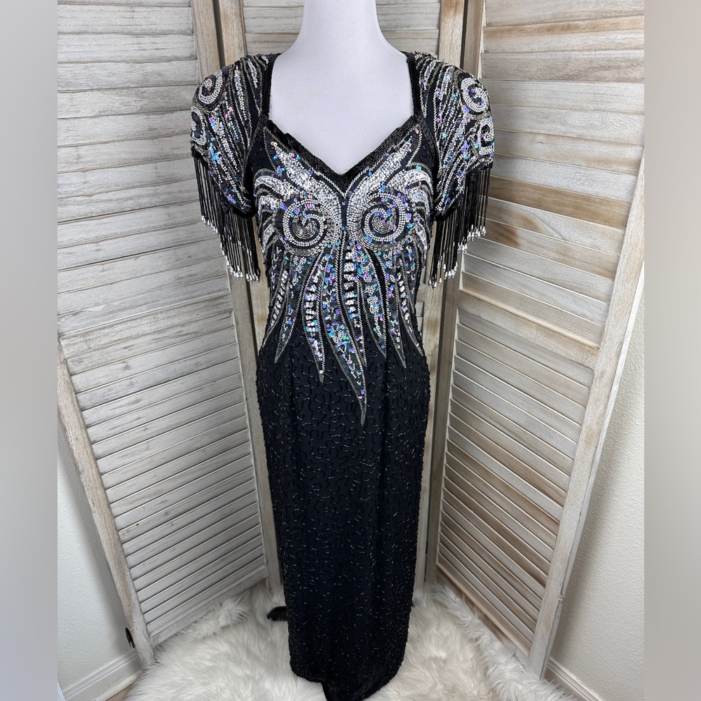 Vintage De Oscar Collection Navy Blue Silver Beaded Dramatic Formal Gown Size 8